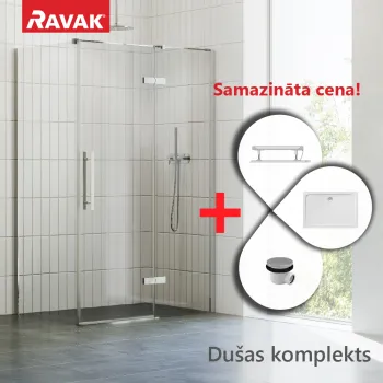 Dušas kabīnes komplekts RAVAK SET29L Dušas durvis COSD2-110 hroms, stikls + Dušas siena COPS-80 hroms + Paliknis Gigant Pro Kreisais