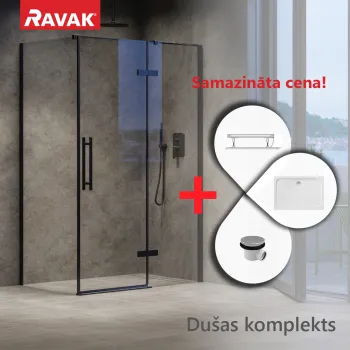 Dušas kabīnes komplekts RAVAK SET31L Dušas durvis COSD2-120 melnas, stikls + Dušas fiksētā siena COPS-80 melna + Paliknis Gigant Pro Kreisais