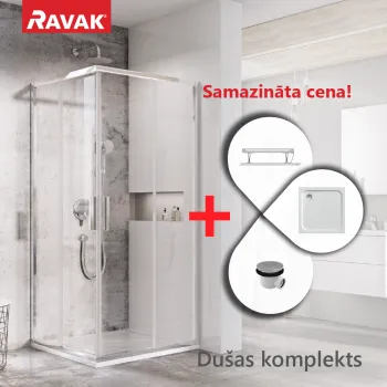 Dušas kabīnes komplekts RAVAK SET7 Dušas stūris BLSRV2-80 hromēts  + stikls Transparent + paliktnis Perseus Pro
