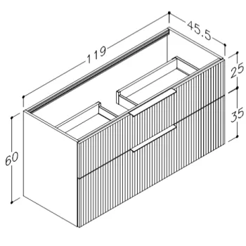 Vannas istabas skapītis Kame Big 120cm 2 atvilknes, Zem virsmas, Bez izlietnes, Rievota fasāde, Graphite BUC/12-3DR/GSF10-BIG