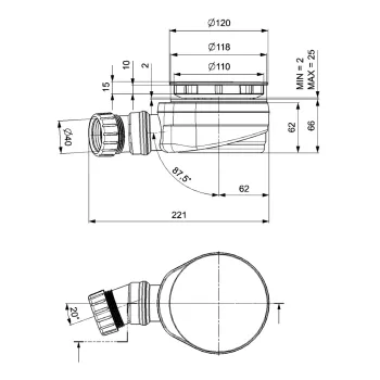Sifons Dušas paliktnim Polysan diametrs 90, Zems, DN40, pulēts nerūsējošā tērauda vāks (17911)