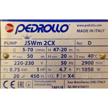 Ūdens sūknis ar hidroforu Pedrollo JSWm2CX-60 CL (0.75kW ~230V)