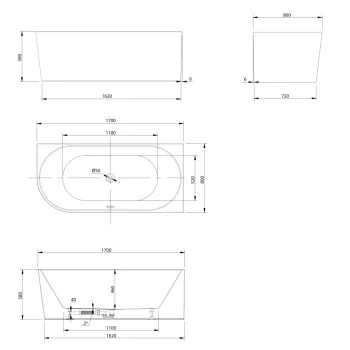 Brīvstāvošā vanna Aqualine Tibera, 170x80 cm, akrila, labā, stūra, balta E1015