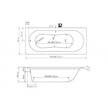 Vanna Aqualine Jizera vanna, 160x70x39 cm, akrila, balta G1670