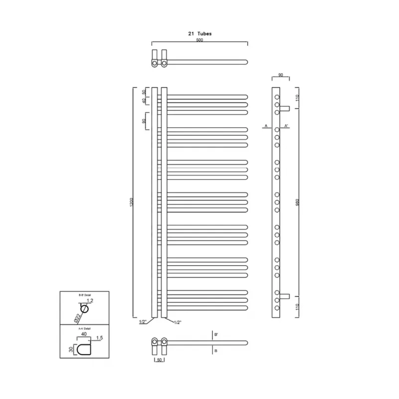 Dvieļu žāvētājs / Radiators / Radiators Sapho DORLION   500x1200mm, Hromēts 1130-11