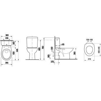 Tualetes pods Jika Zeta, 355x645 mm, horizontāls izvads, pievads no sāniem, balts