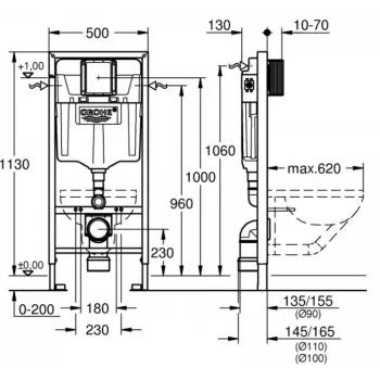 Tualetes poda komplekts Grohe taustiņš Skate Cosmo S hroms 37535000, stiprinājumi, 500x130 mm, h=1130