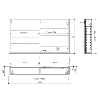 Spoguļskapītis Sapho ALIX ar LED apgaismojumu, 2 durvis, 126x70x17,5cm, Elm Bardini koks