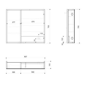 Spoguļskapītis Sapho LINEX ar LED apgaismojumu, 80x70x15cm, ozols Alabama