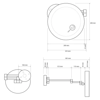 Spogulis Sapho X-ROUND BLACK kosmētikas ar eņģēm LED, diametrs 200 mm, melns matēts